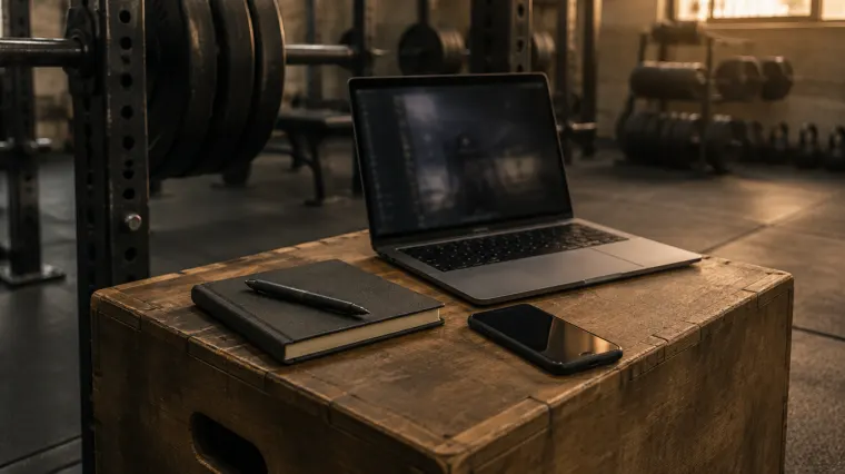 Caderno de treino, notebook e celular em cima de um caixote de salto, ao lado de um rack de agachamento
