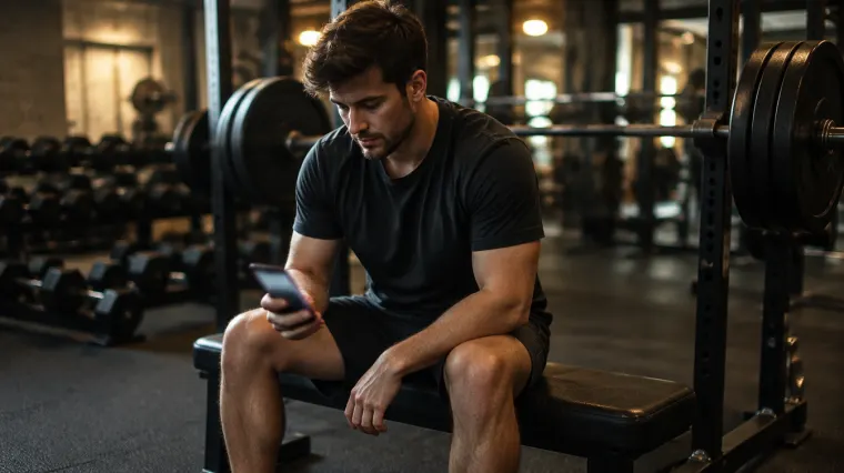 Homem sentado no banco da academia entre séries, olhando o celular
