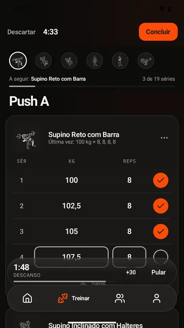 Treino Push A em andamento: supino reto com barra, séries de 100, 102,5 e 105 kg confirmadas, e o cronômetro de descanso em 1:48.