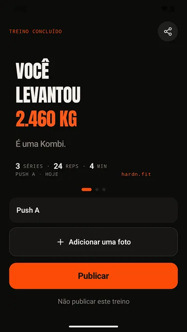 Tela de fim de treino: você levantou 2.460 kg, é uma Kombi, com 3 séries, 24 repetições e 4 minutos.