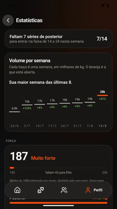 Tela de estatísticas: volume por semana de 6,9k a 28k, e pontuação de força 187.